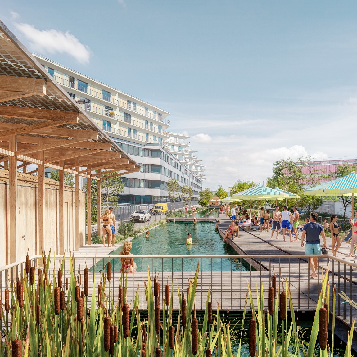 Wo einst Güterzüge rollten, entsteht in einer ehemaligen Eisenbahnrampe bis Sommer 2027 der längste Naturpool der Schweiz mit einer Länge von 170 m.
