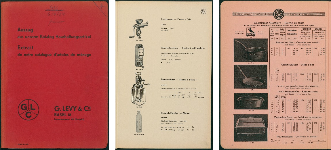 Die Kataloge der Firma G. Levy & Cie. zeigen das breite Sortiment. Die Buttermaschine «Regent» kostete in der grössten Ausführung CHF 4,50. Auch Pfannen waren Teil des Sortiments der ehemaligen Handelsfirma. Illustrationen aus: Installationsmaterial. G. Levy & Cie. Basel 1918. 