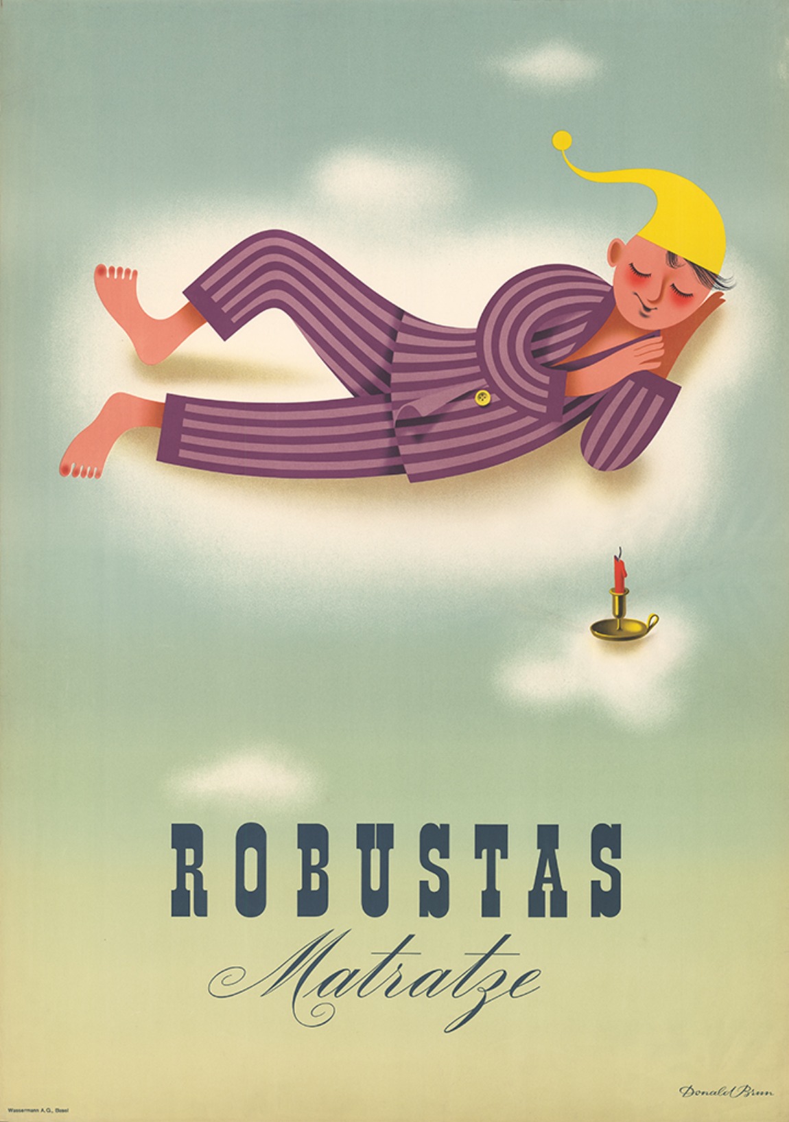 Ein Werbeplakat der Matratzenfirma Robusta AG aus dem Jahr 1947. Gestaltet hat den schlafenden Mann, der später zu einem Zwerg wird, der Plakatkünstler und Grafiker Donald Brun. (Plakatsammlung SfG Basel)